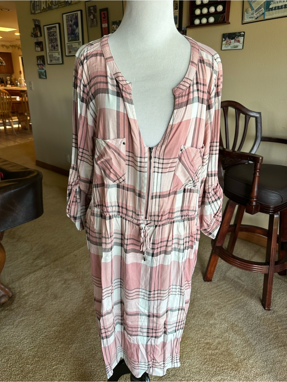 Torrid Size 2 Pink Plaid Challis Zip Front Shirt Dress 2X Pockets
